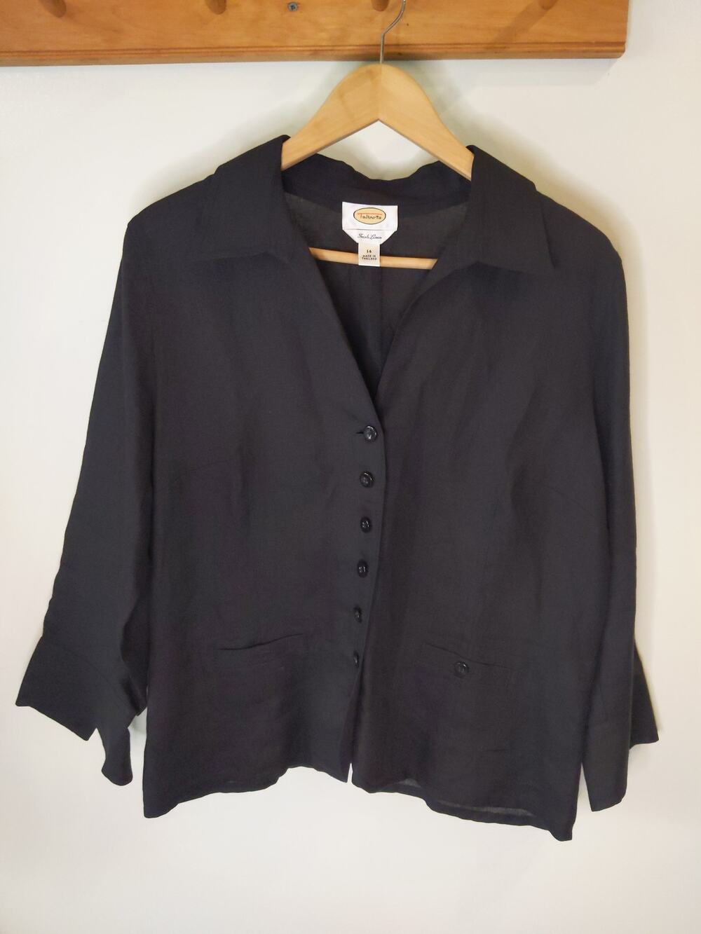Talbots 100% Irish Linen Blazer Women's 14 Black Relaxed Boxy Button Front